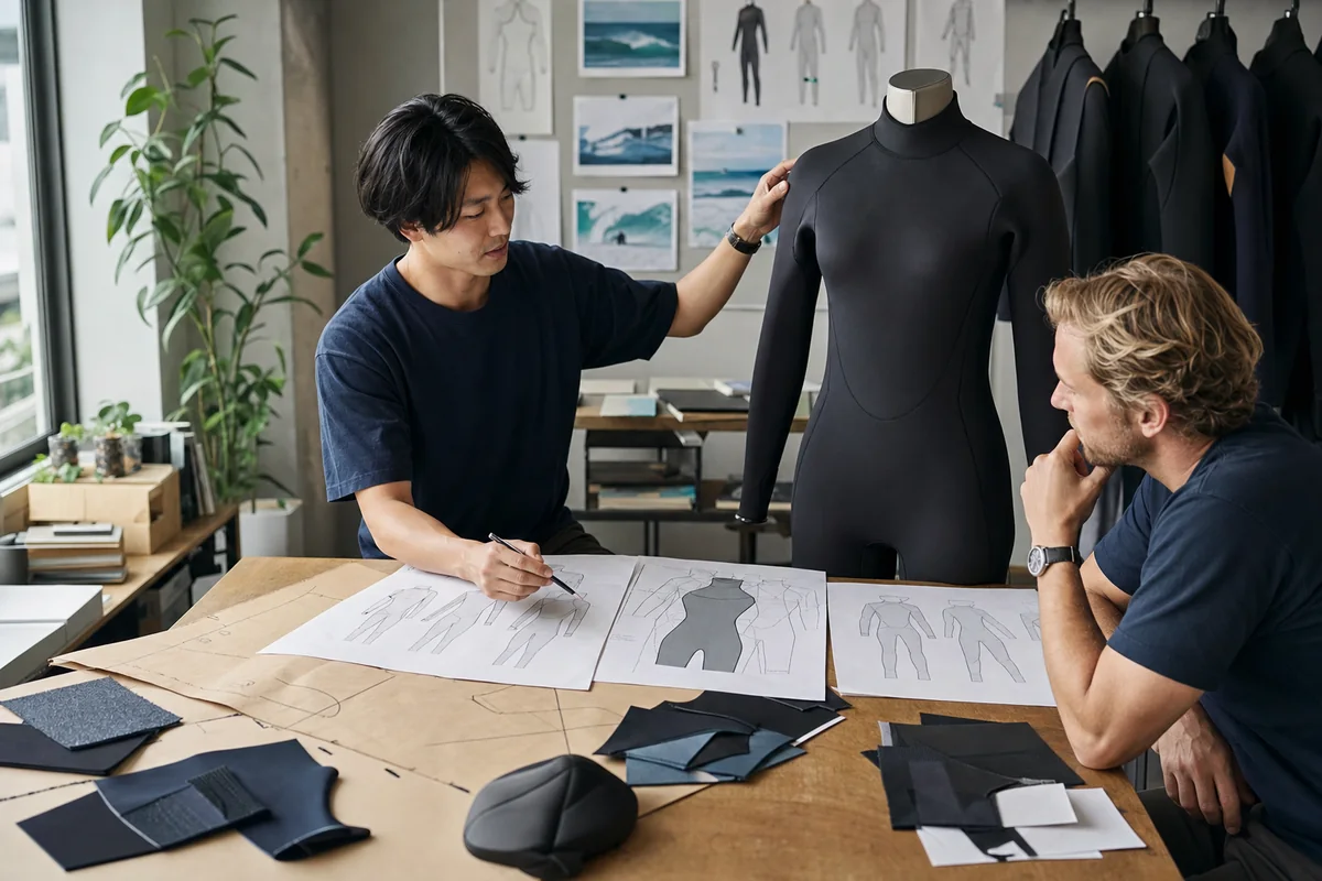 illustrative ODM wetsuit development meeting with concept sketches, pattern paper, material swatches and an unbranded prototype