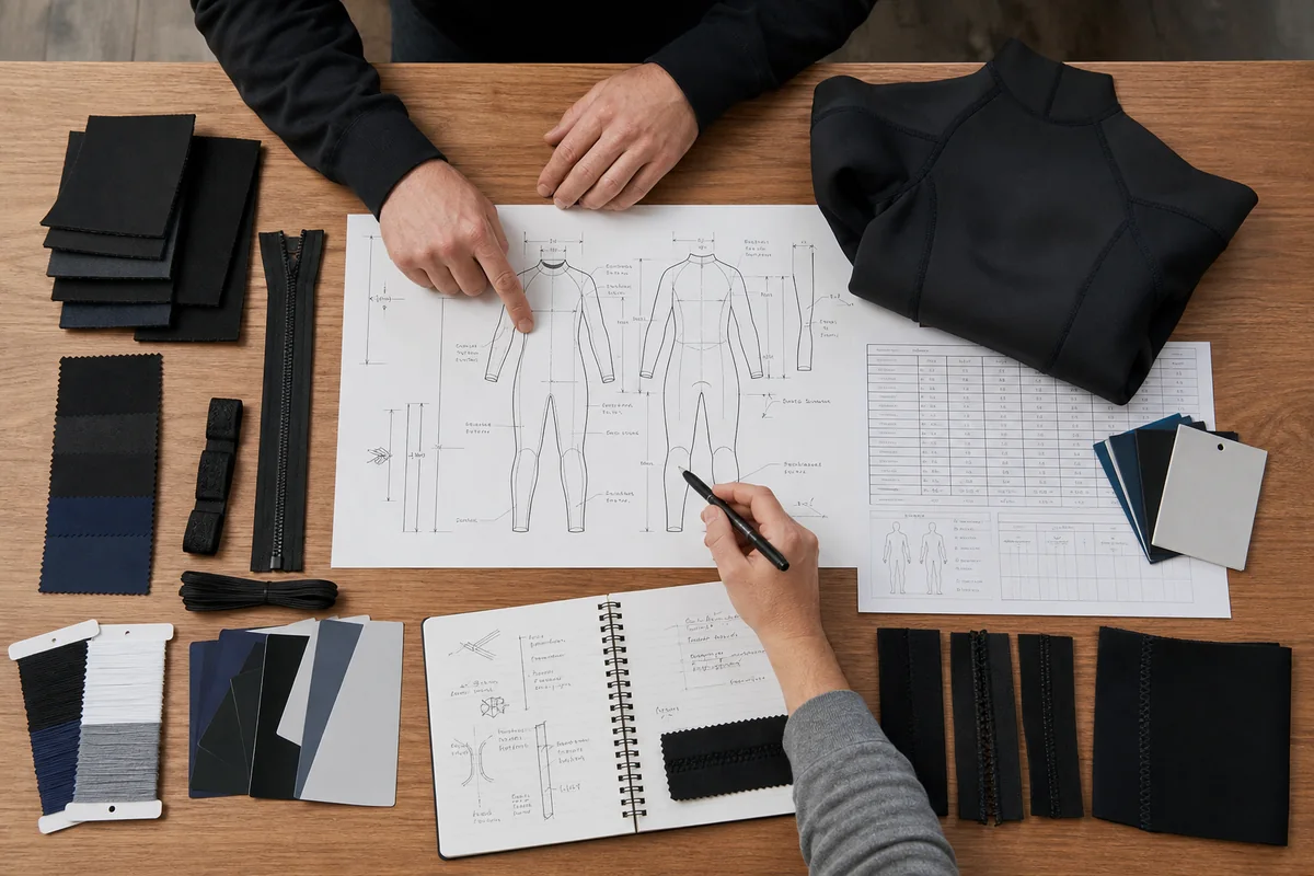 illustrative OEM wetsuit tech pack review with drawings, neoprene swatches, seam samples, zipper and size chart