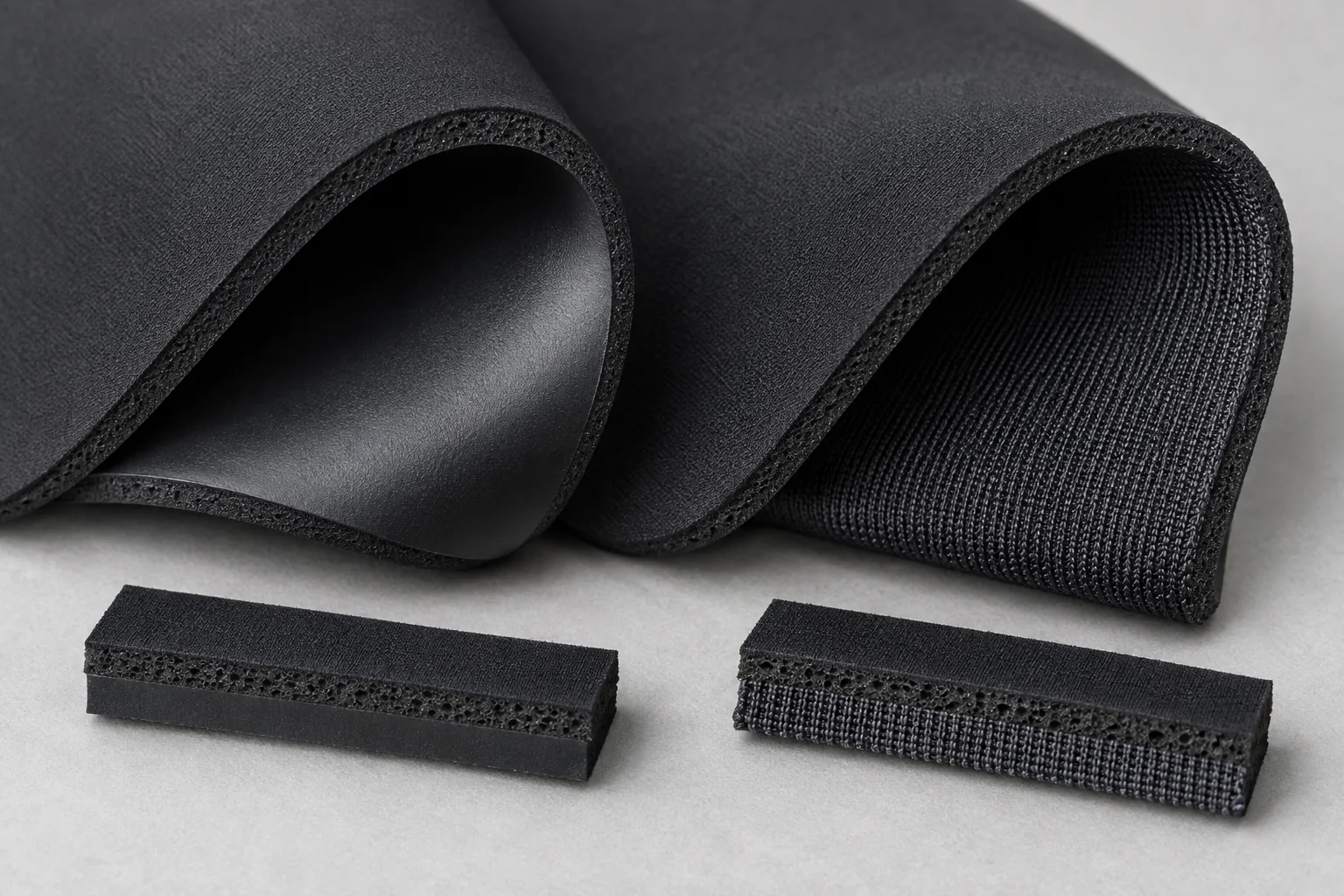 macro comparison of unlined open-cell-style wetsuit interior and textile-lined wetsuit interior