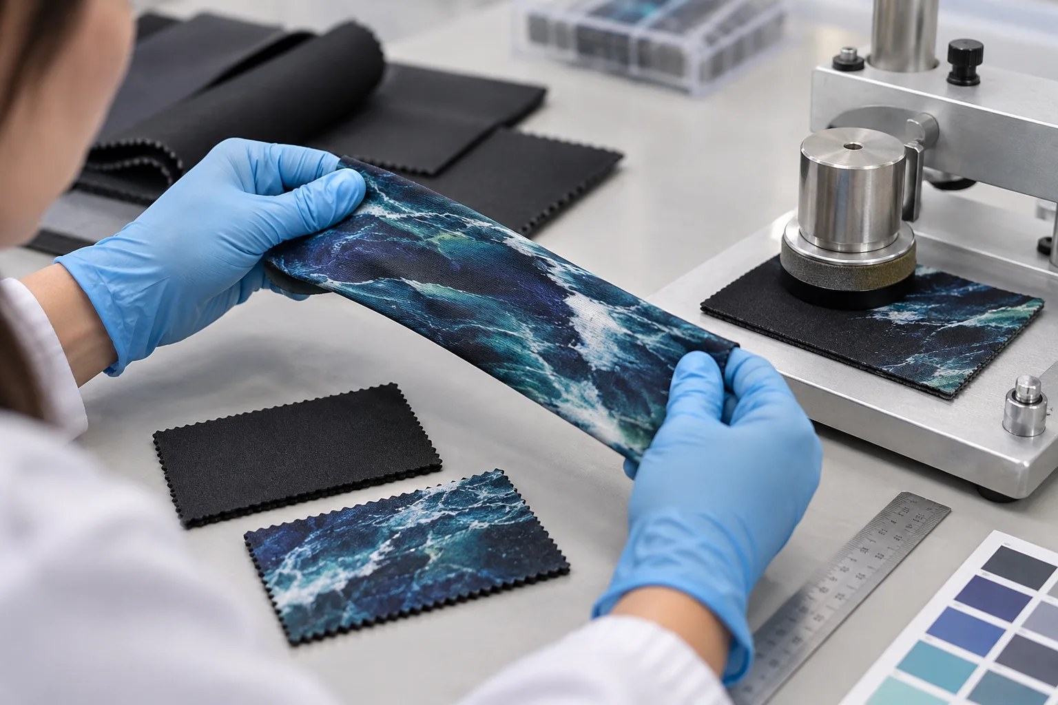 illustrative technician reviewing stretch and abrasion behavior of a printed neoprene sample