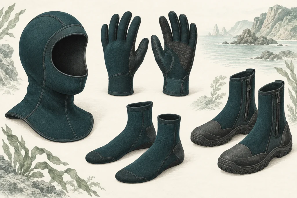 Private label neoprene accessories concept showing a hood, gloves, socks and dive boots