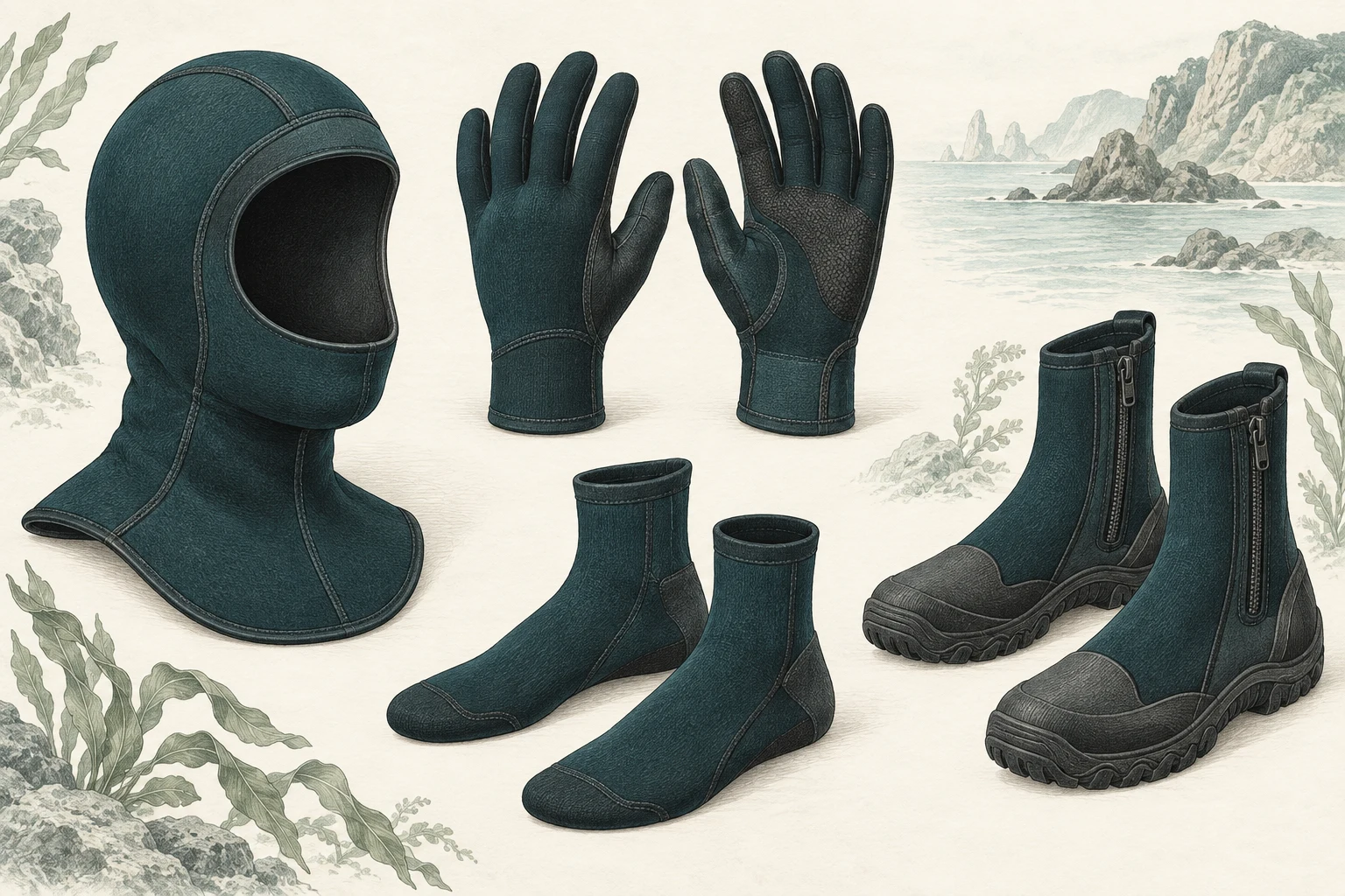 Private label neoprene accessories concept showing a hood, gloves, socks and dive boots