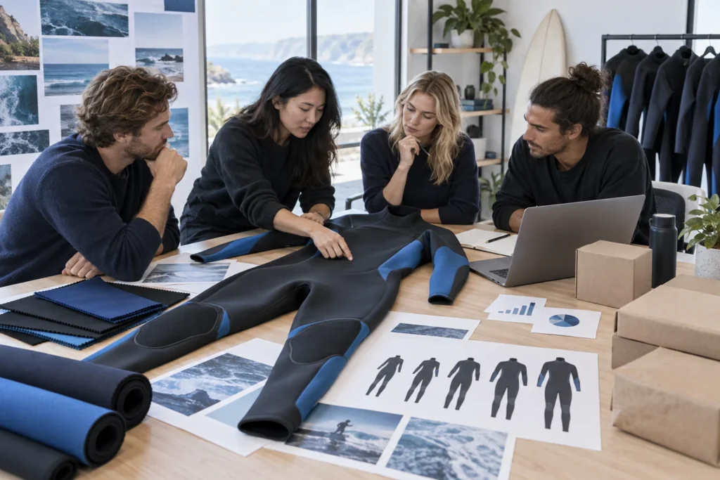 Founder team planning how to start a wetsuit brand with a product developer