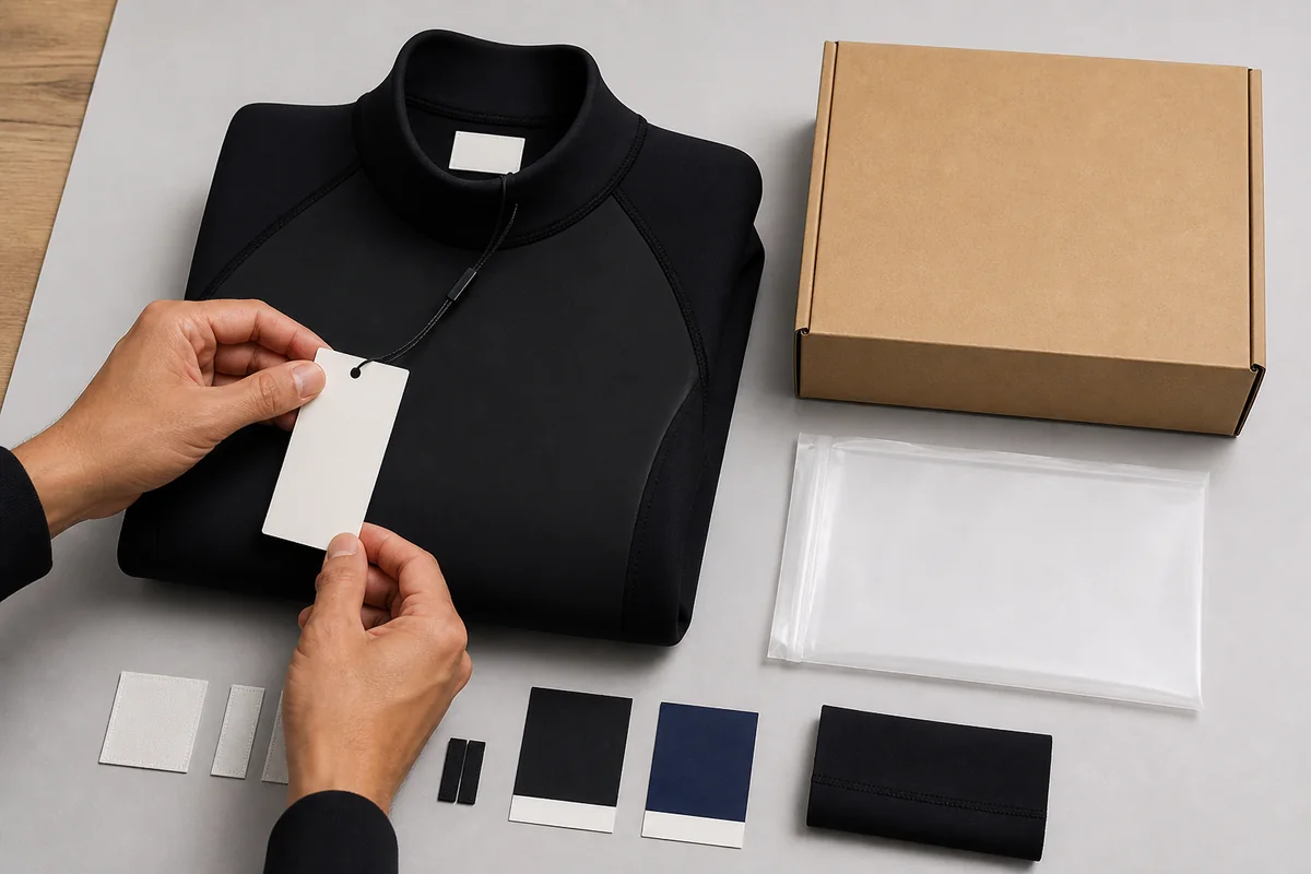 illustrative private-label wetsuit branding review with blank labels, hangtag, packaging and color swatches