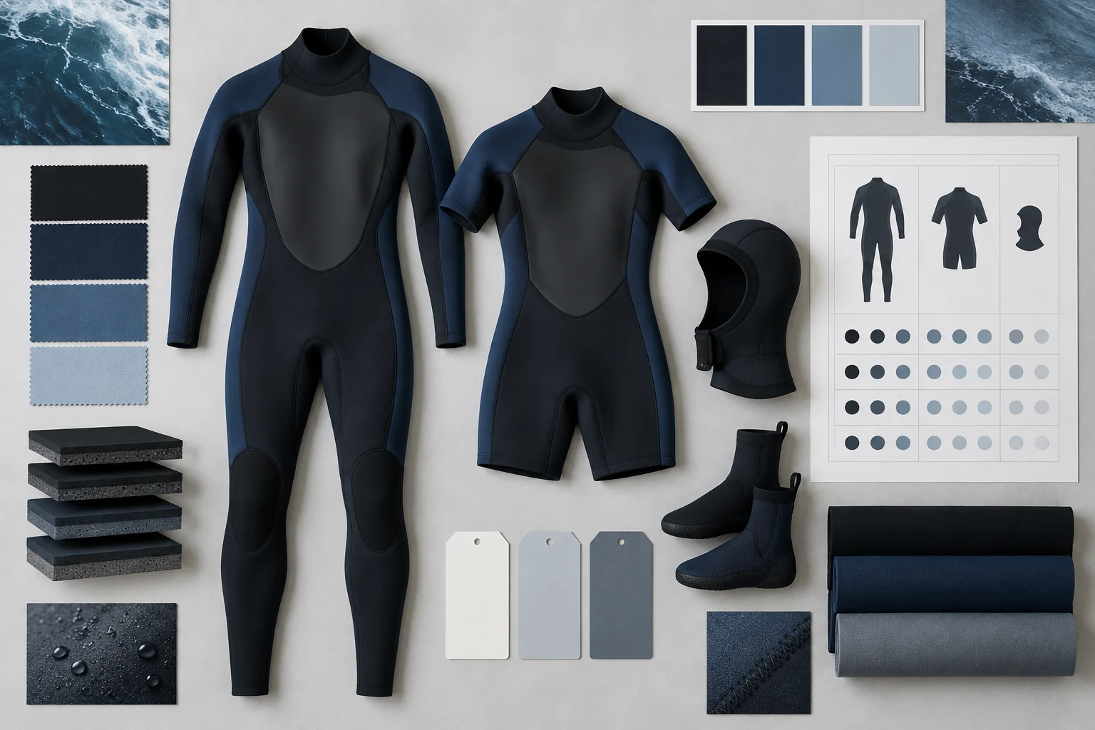 Small private-label wetsuit range with controlled styles colors and size cards