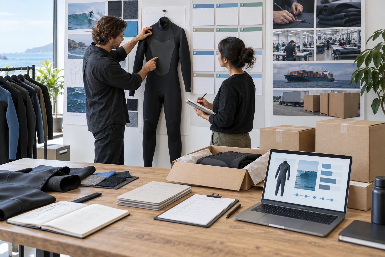 Founder and factory manager coordinating wetsuit production quality freight and launch