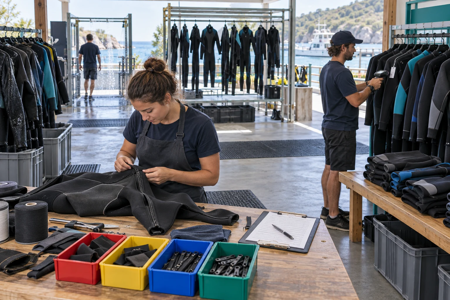 illustrative rental wetsuit return cleaning drying inspection repair and asset control workflow