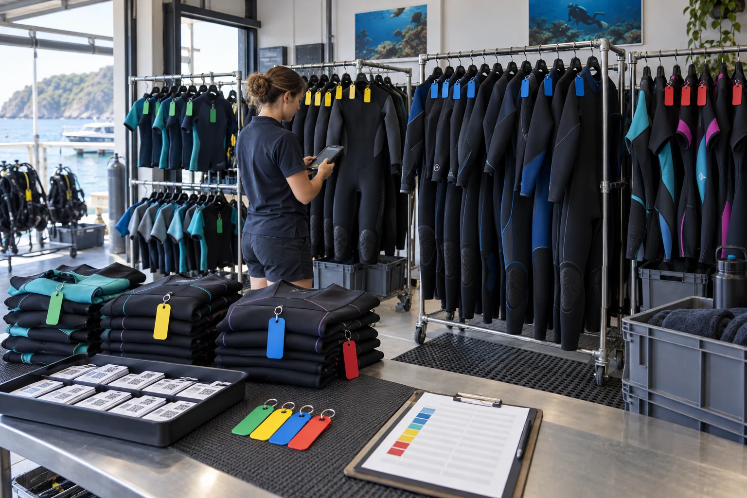 illustrative dive center rental wetsuit size color coding and asset tracking system