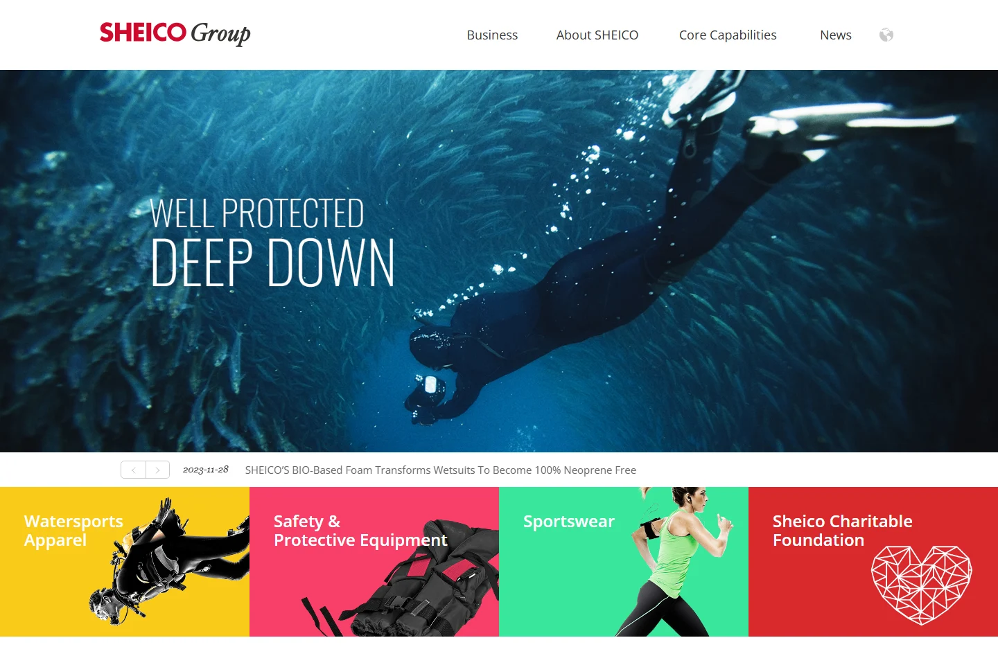 SHEICO Group official homepage screenshot showing its website identity and public product presentation