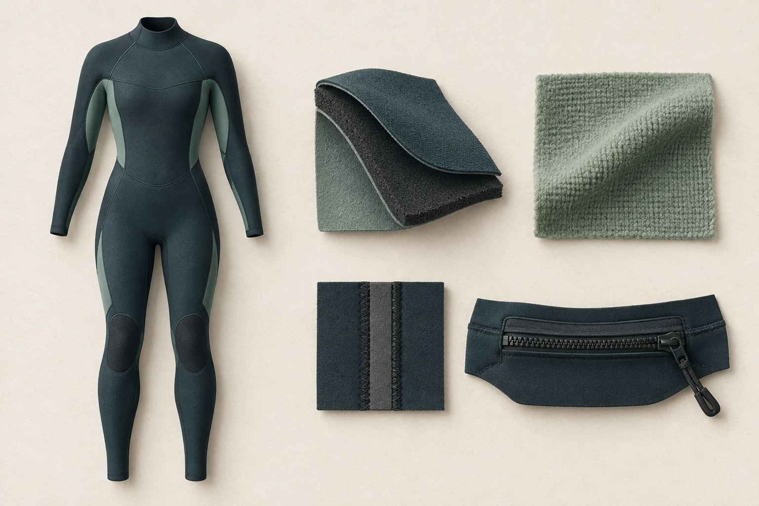 Concept illustration of a surf fullsuit beside material, lining, seam and zipper components