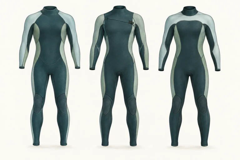 Concept illustration of three fullsuits for planning surf wetsuit specifications