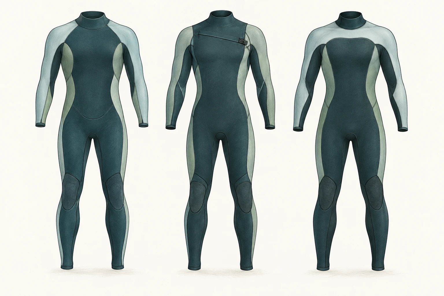 Concept illustration of three fullsuits for planning surf wetsuit specifications