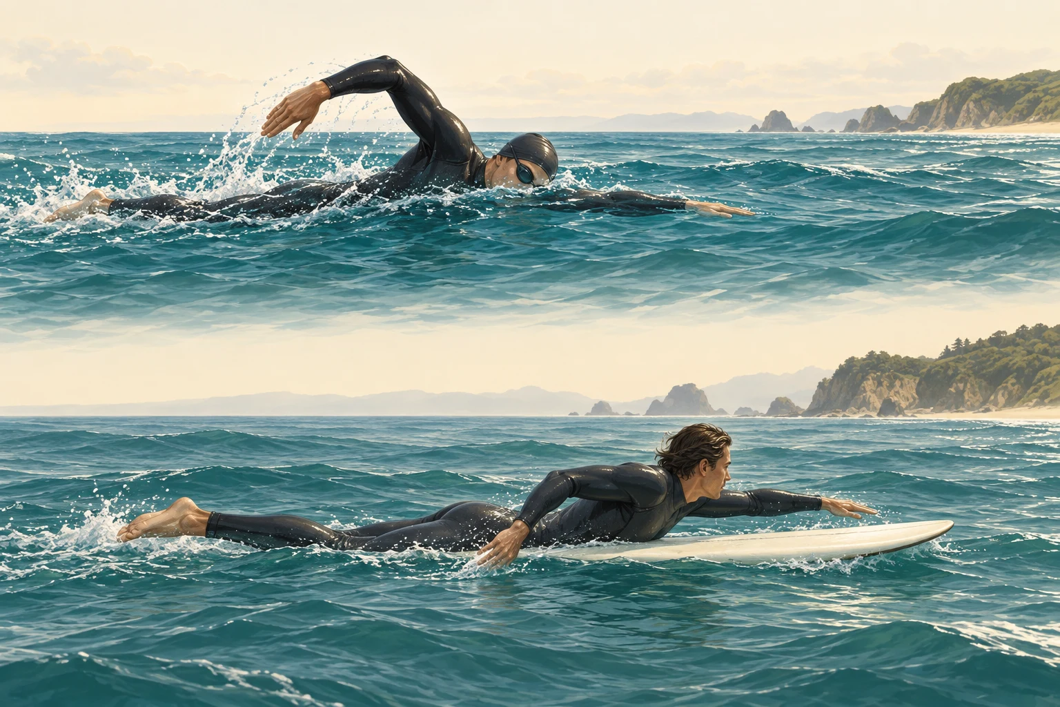 Editorial illustration comparing a front crawl swimmer with a surfer paddling prone on a board