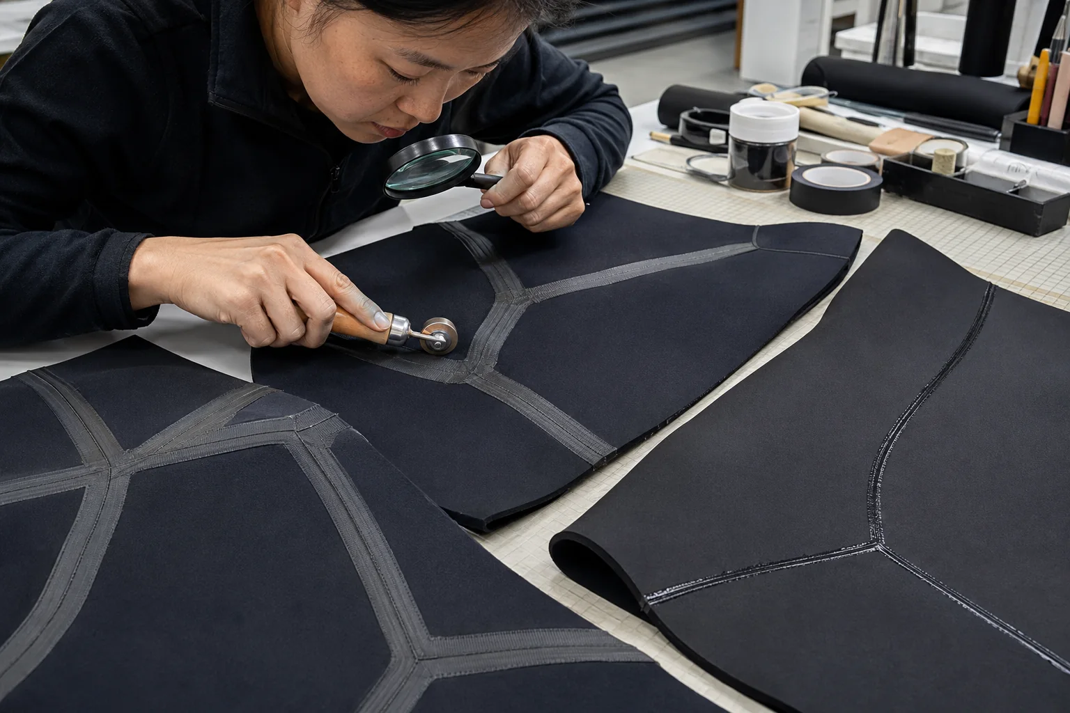 Technician reviewing taped and liquid sealed neoprene seam samples