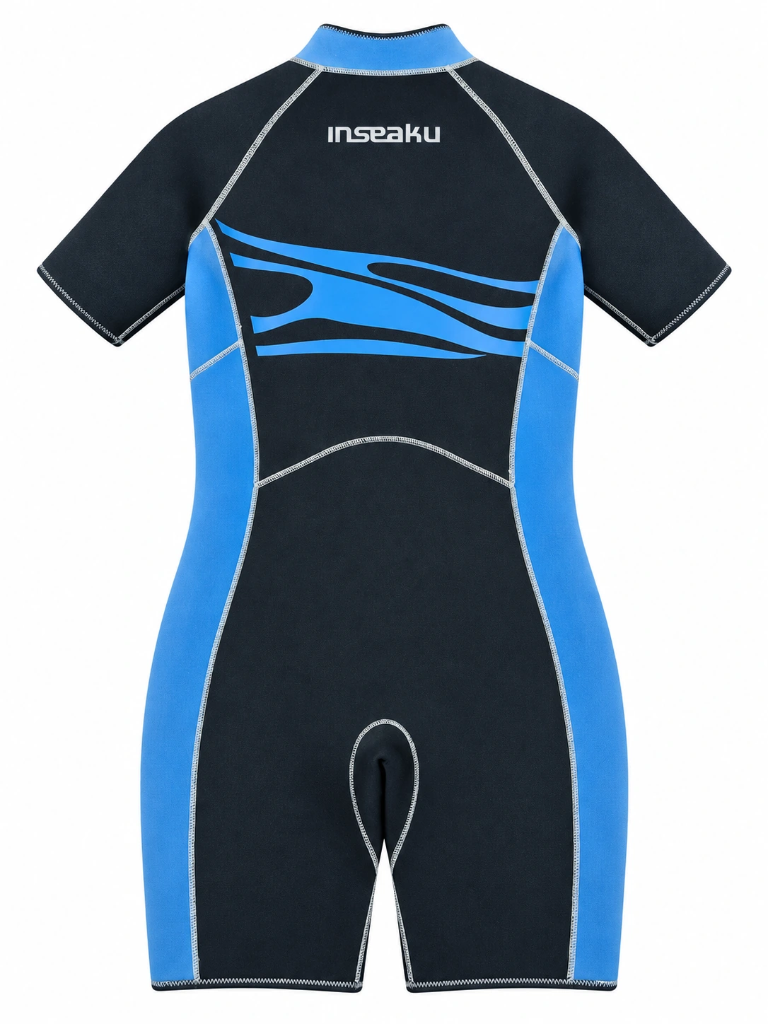 Custom Blue and Black Front Zip Shorty Wetsuit, back view