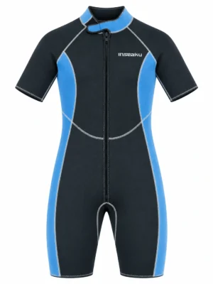 Custom Blue and Black Front Zip Shorty Wetsuit, front view