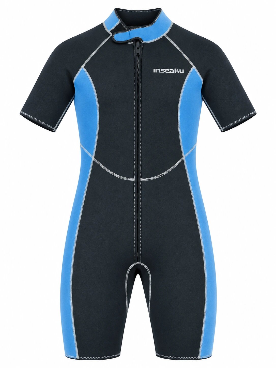 Custom Blue and Black Front Zip Shorty Wetsuit, front view