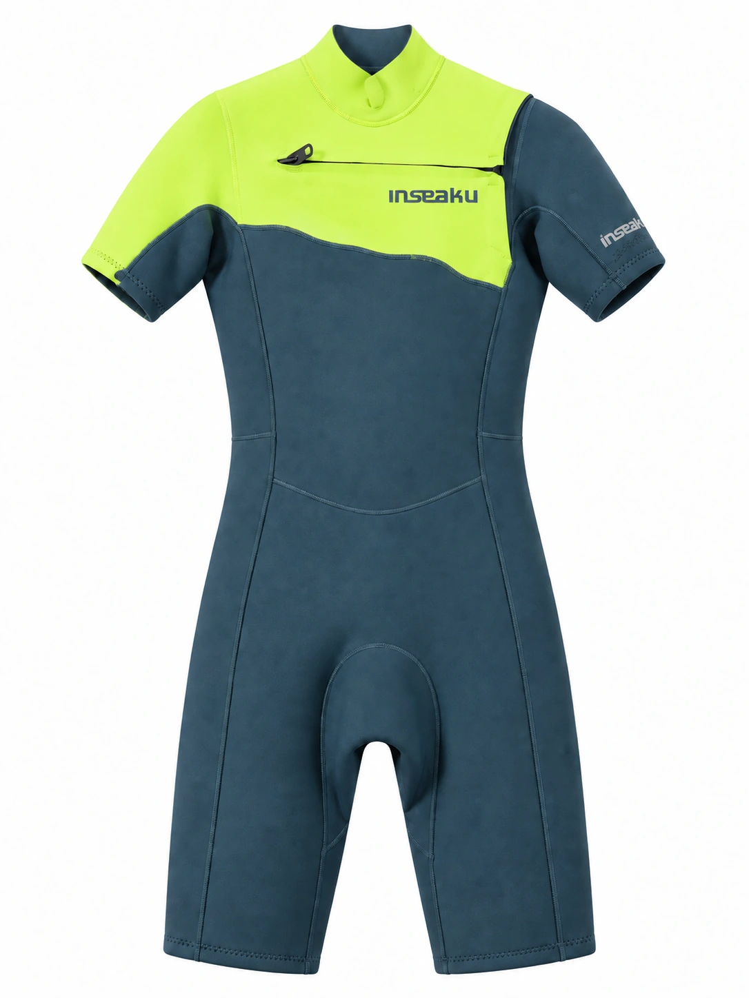Custom Fluorescent Yellow Shoulder Chest Zip Shorty Wetsuit, front view