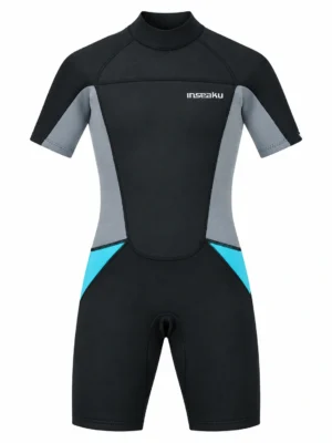 Custom Gray and Aqua Back Zip Shorty Wetsuit, front view