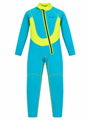 Custom Blue Green and Yellow Front Zip Full Wetsuit, front view