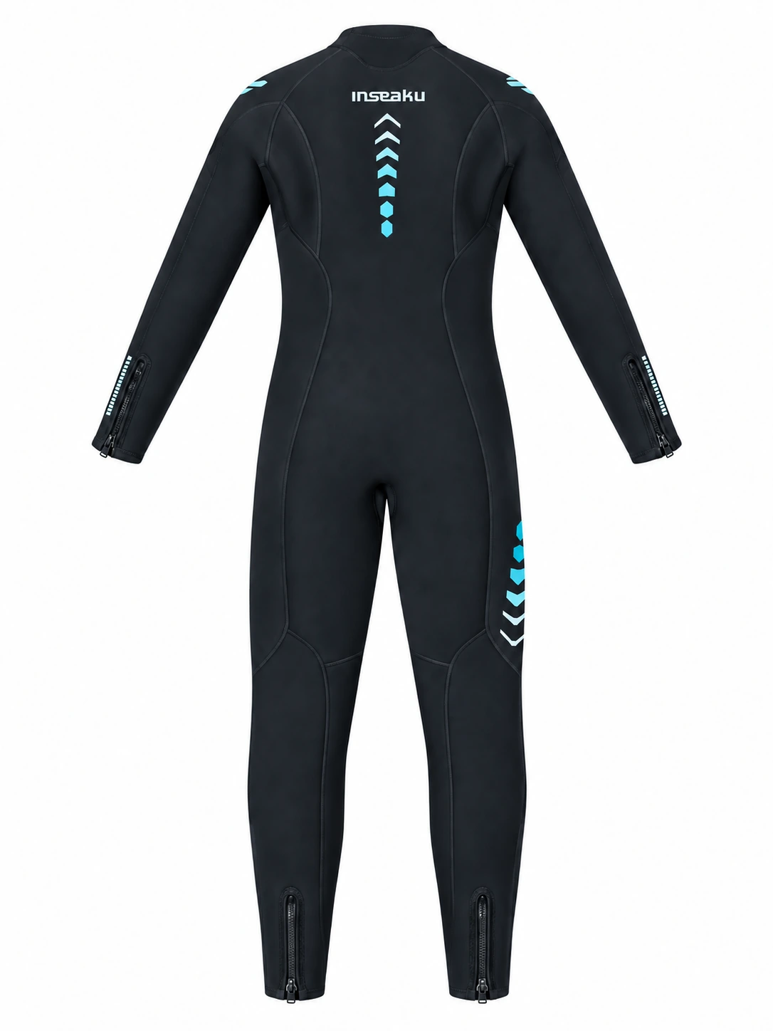 Custom Black and Aqua Front Zip Full Wetsuit, back view