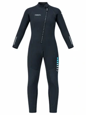 Custom Black and Aqua Front Zip Full Wetsuit, front view