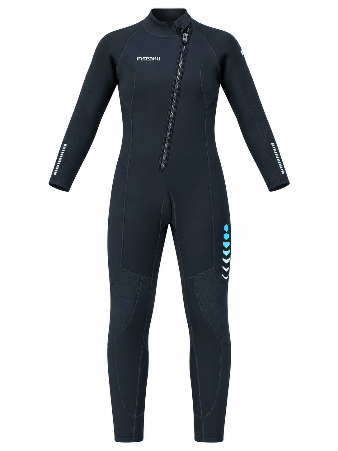 Custom Black and Aqua Front Zip Full Wetsuit, front view