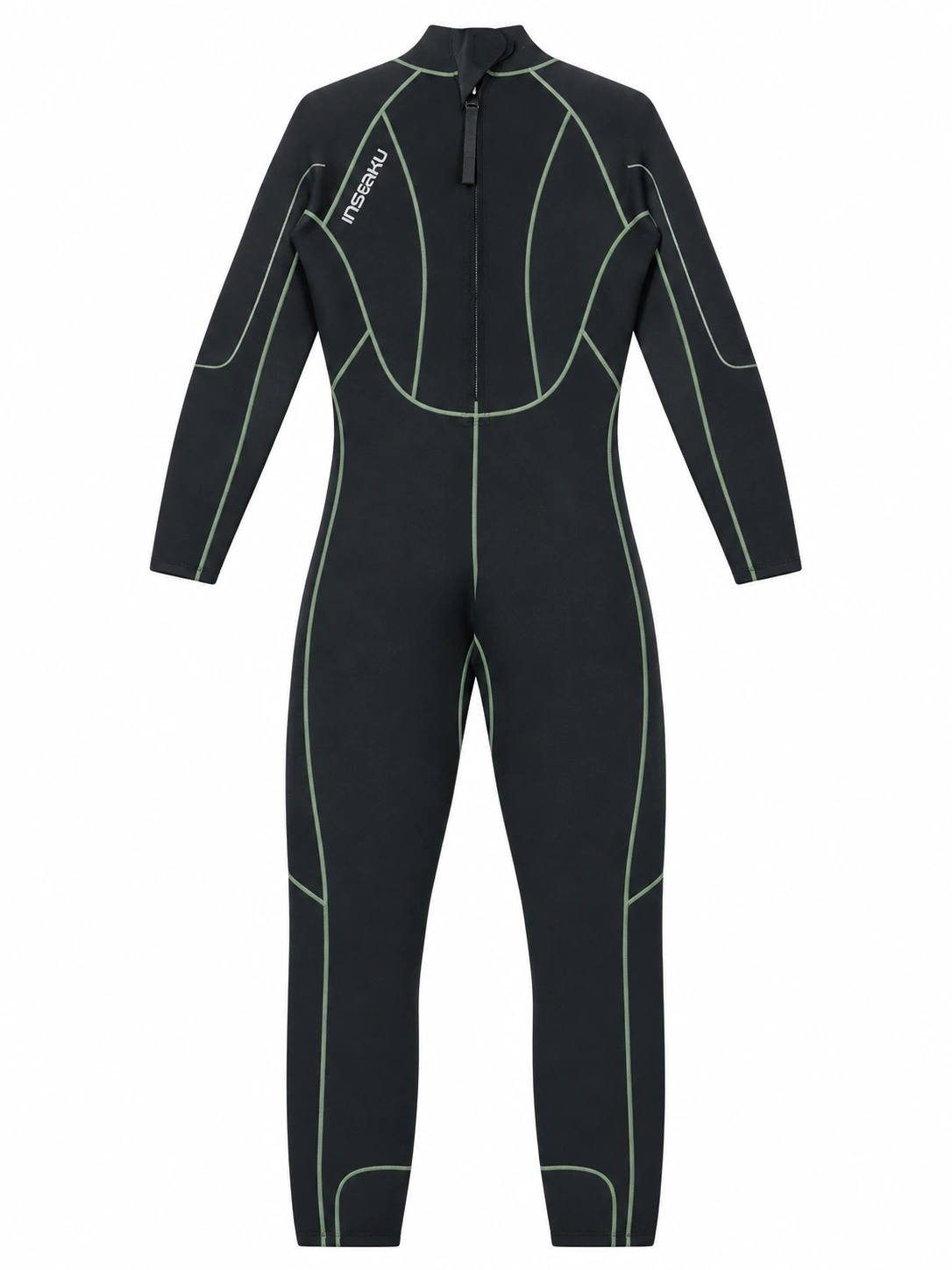 Custom Black and Green Trim Back Zip Full Wetsuit, back view