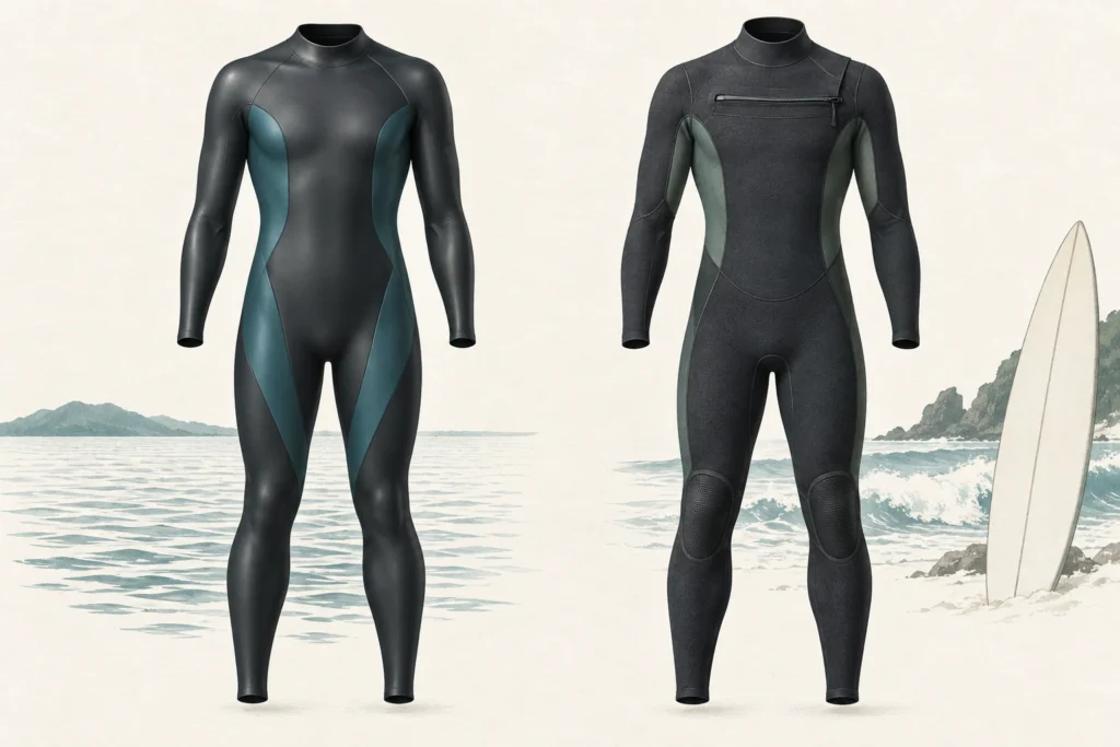 Triathlon wetsuit vs surfing wetsuit conceptual comparison with different surfaces and panel details