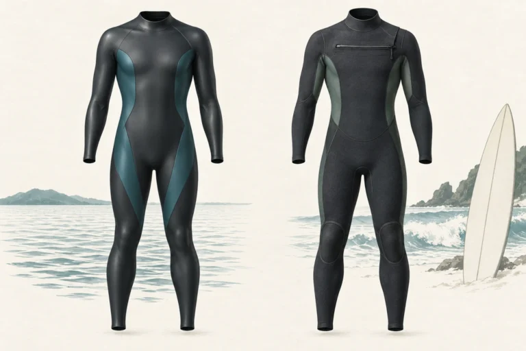 Triathlon wetsuit vs surfing wetsuit conceptual comparison with different surfaces and panel details