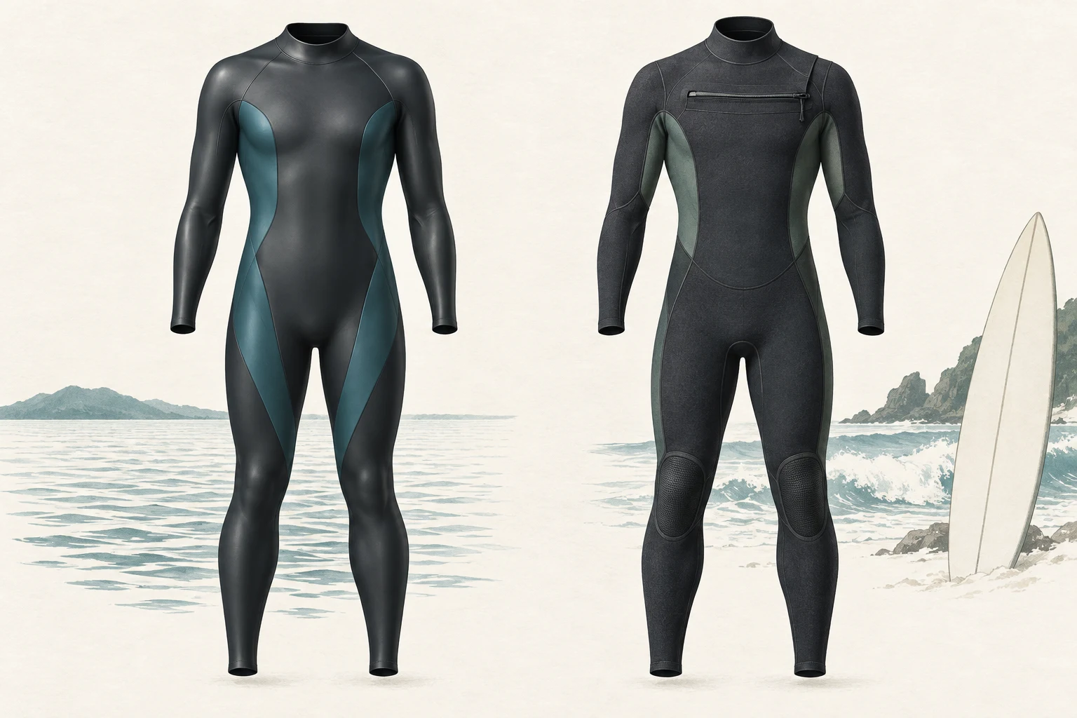 Triathlon wetsuit vs surfing wetsuit conceptual comparison with different surfaces and panel details