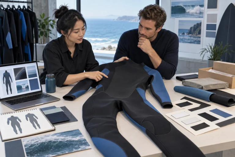 Product developer and compliance buyer reviewing EU wetsuit labeling requirements with blank labels, packaging and specifications