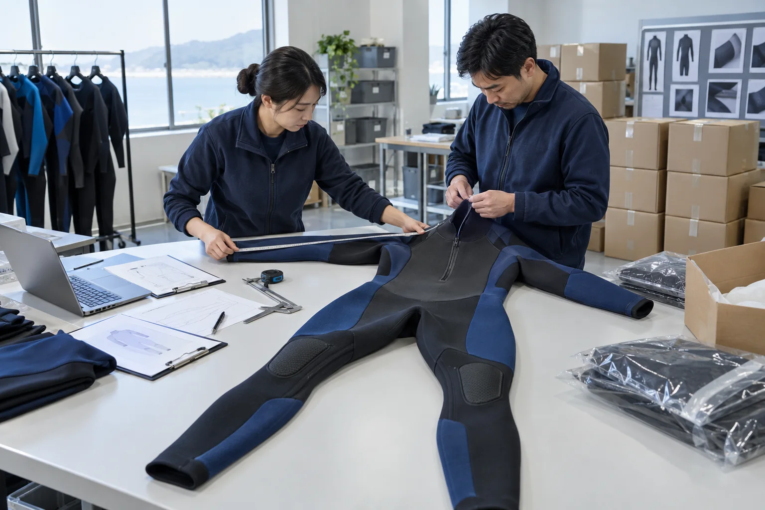 Wetsuit batch inspection with inspectors checking measurements and workmanship