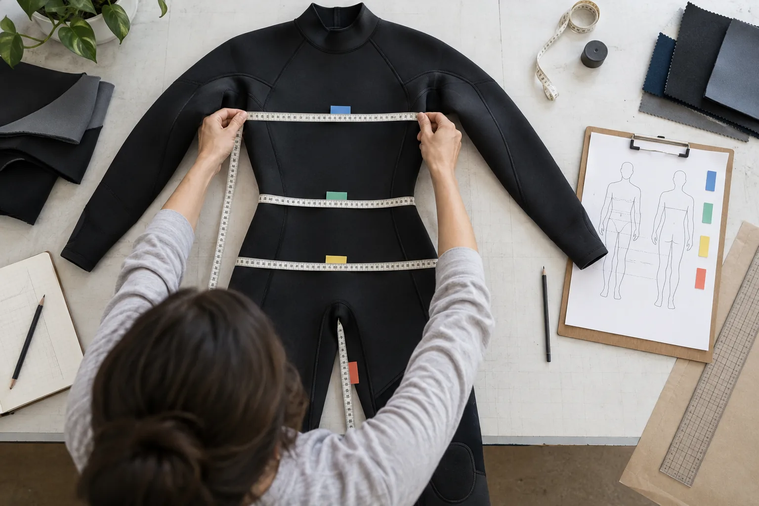 illustrative comparison of body measurement inputs and finished wetsuit measurement points