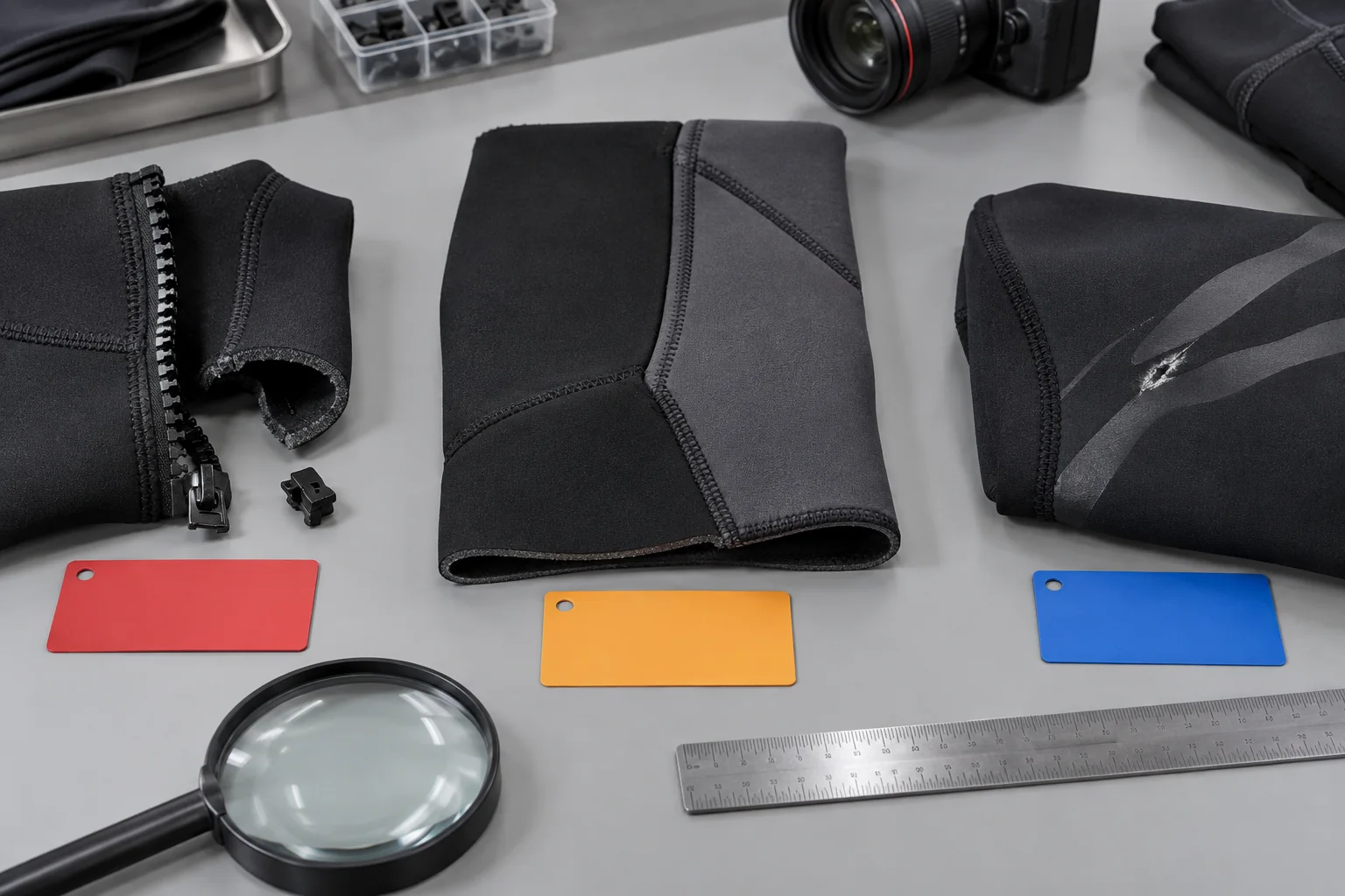 Illustrative wetsuit defect classification with seam zipper measurement and cosmetic examples