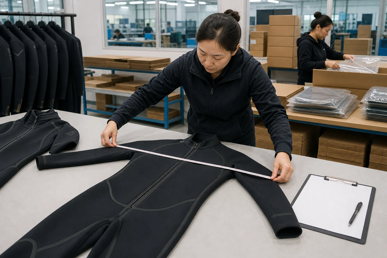 Illustrative final wetsuit inspection with garment measurement and packaging preparation