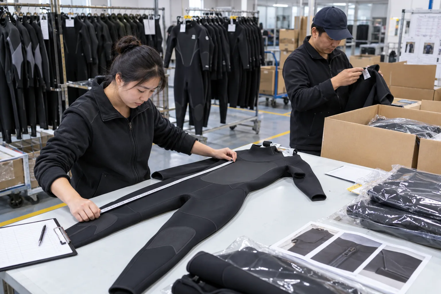 illustrative final random wetsuit inspection with measurement, label and packaging checks