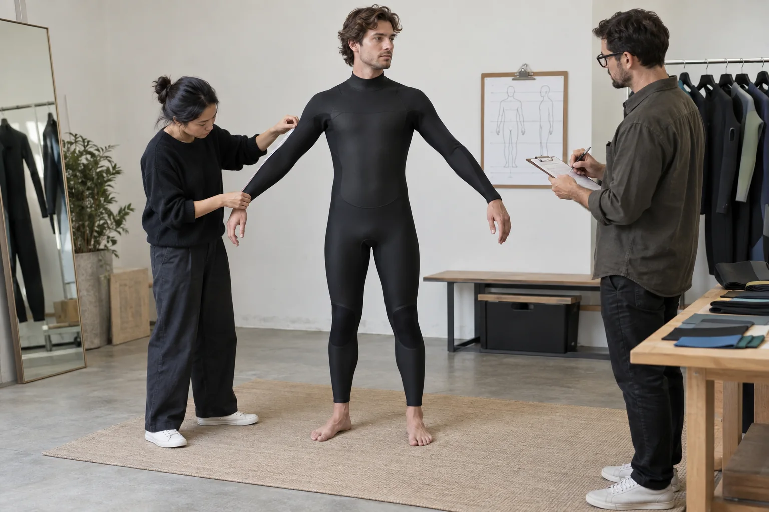 illustrative wetsuit fit and mobility review with a fixed fit model, measurement tape and approval notes