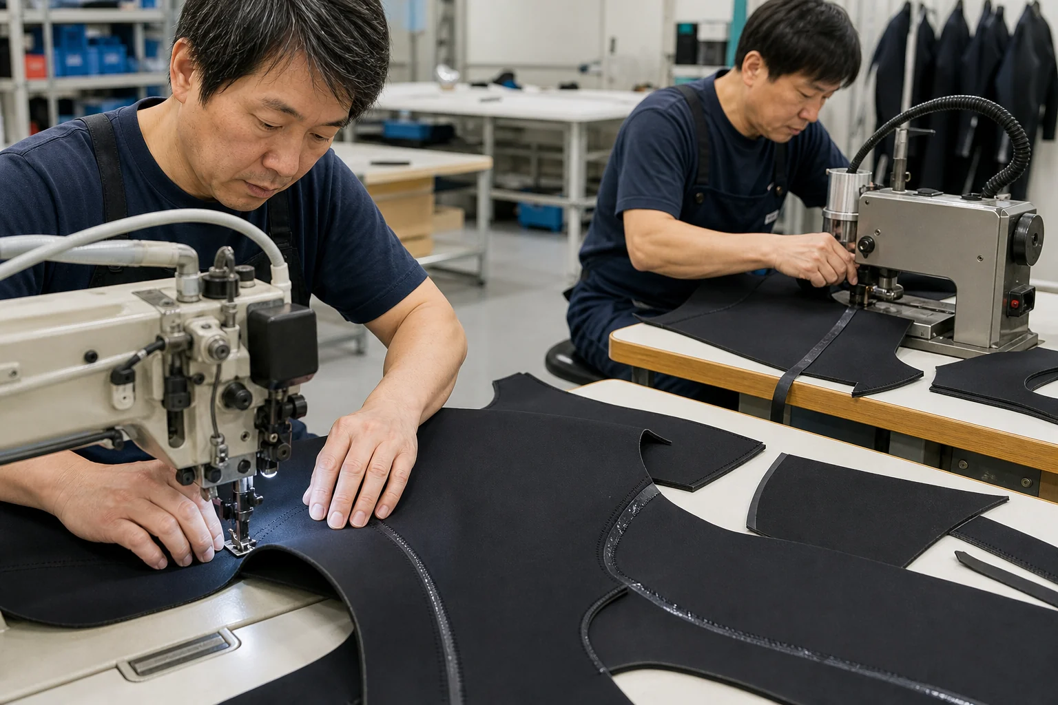 Illustrative wetsuit panel assembly with blind stitching and internal seam taping