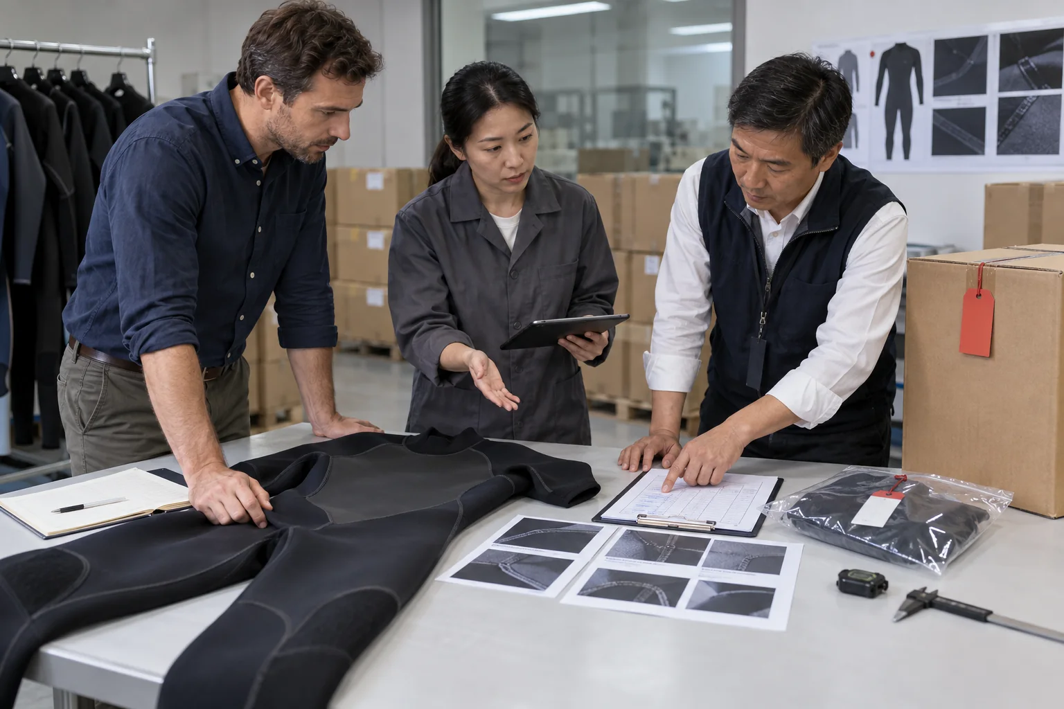 Buyer factory quality lead and independent inspector reviewing a wetsuit batch release decision