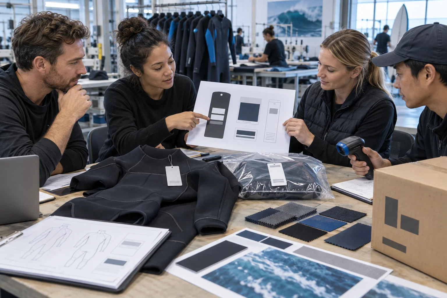 wetsuit product and quality team approving blank label artwork traceability and batch release