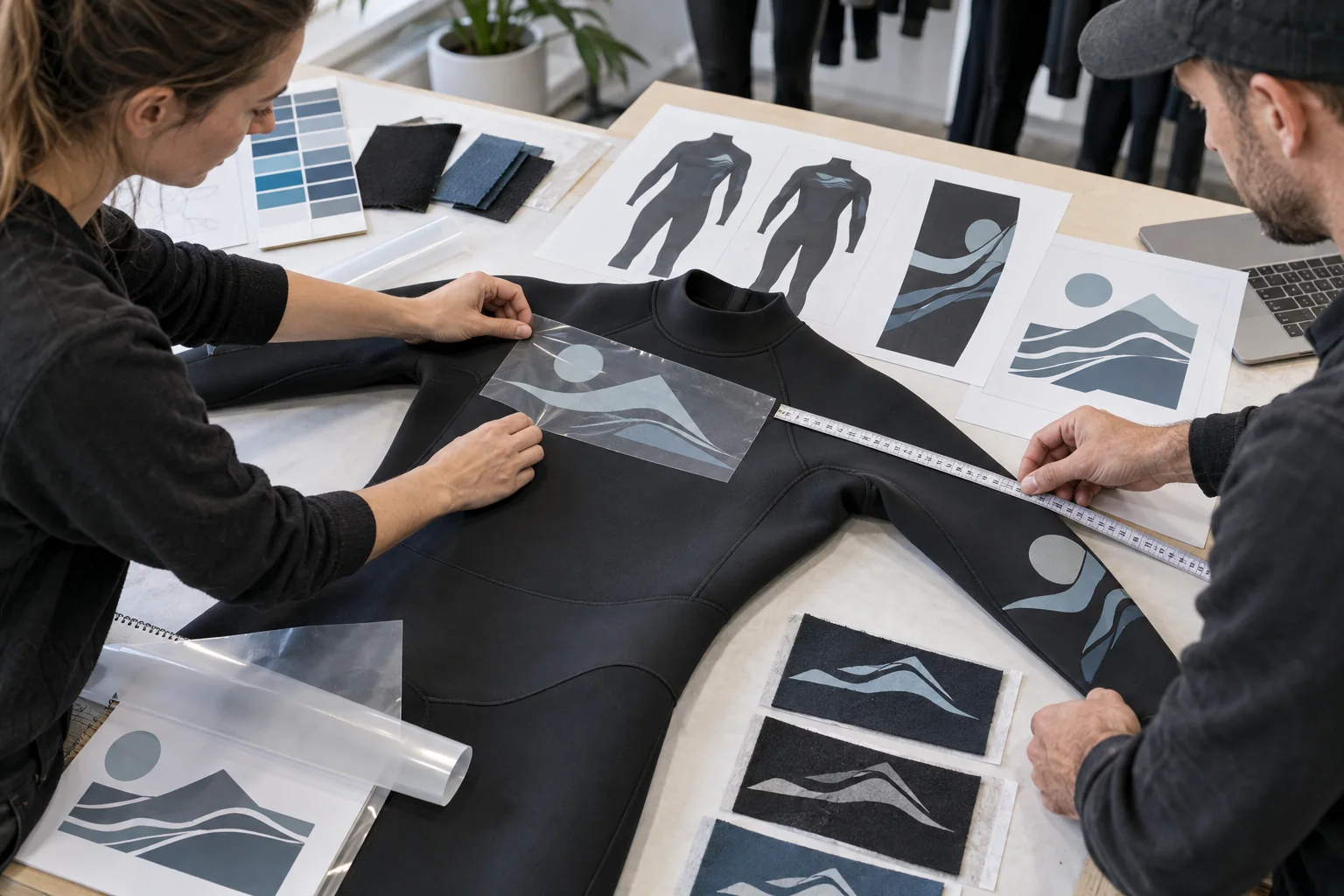 illustrative wetsuit logo artwork placement approval using a transparent overlay