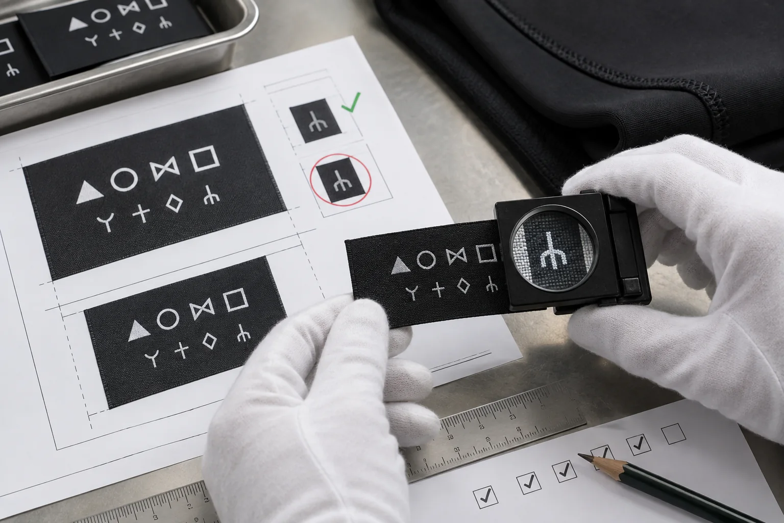 illustrative close-up inspection comparing a generic garment label with source artwork to find a tiny character mismatch