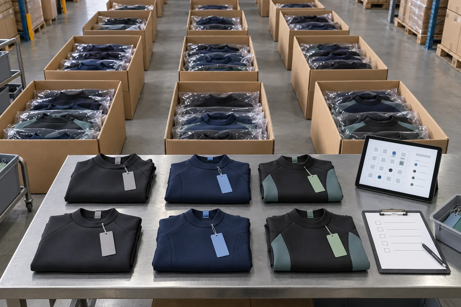 Representative wetsuit samples selected across cartons colors and sizes in a production lot