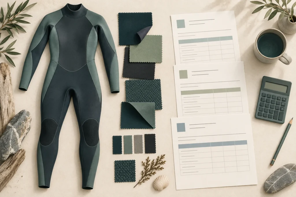 AI-generated editorial illustration for wetsuit manufacturing cost comparison with a wetsuit, material swatches and three quotation sheets