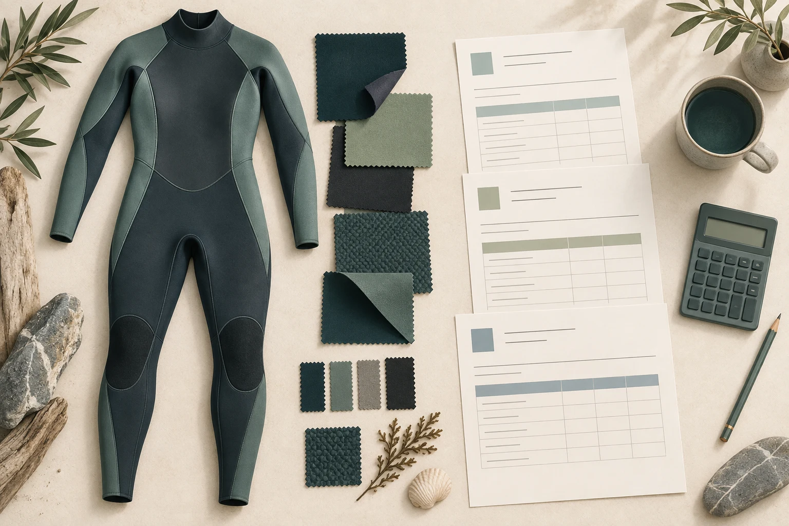 AI-generated editorial illustration for wetsuit manufacturing cost comparison with a wetsuit, material swatches and three quotation sheets