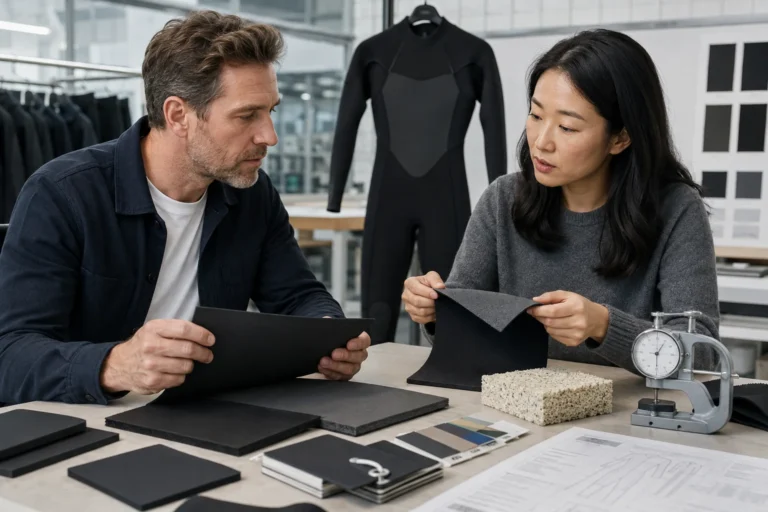 Brand buyer and materials engineer comparing wetsuit foam, lining and thickness samples