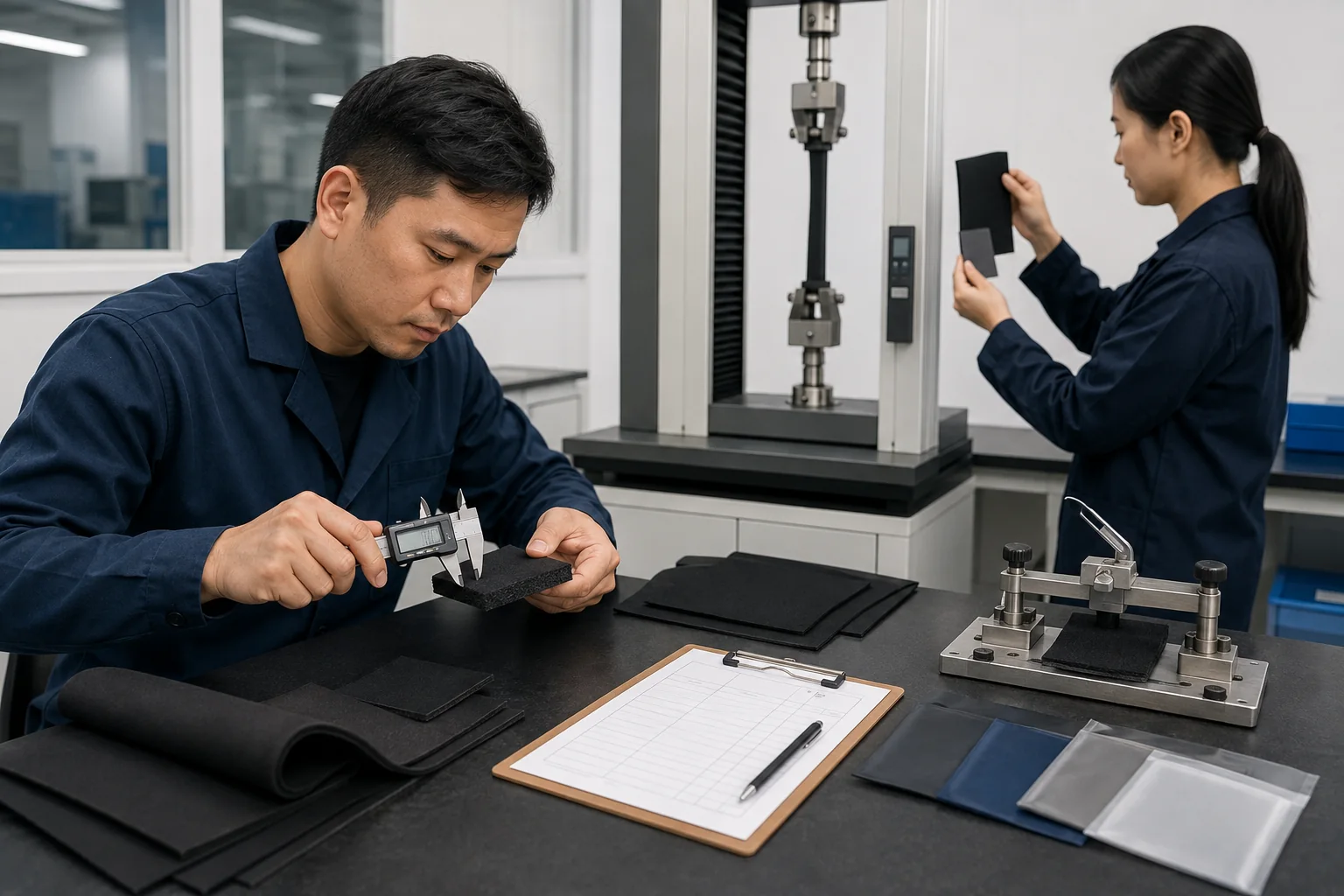 Technicians checking wetsuit material thickness, tensile performance and sample traceability
