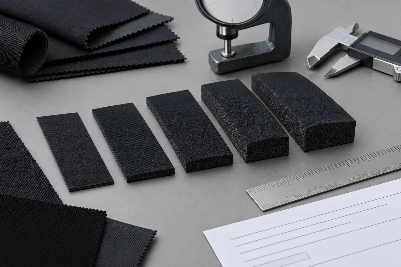 wetsuit material samples of different nominal thicknesses compared with measuring tools