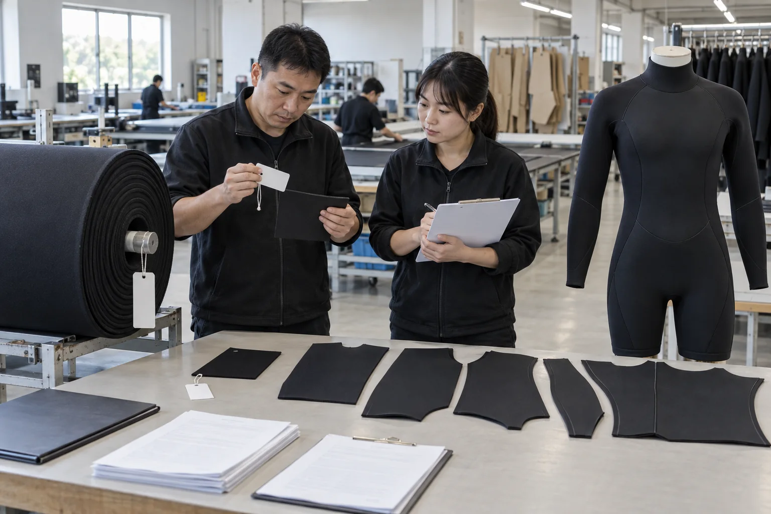 illustrative production team linking wetsuit material documents swatches sample and batch labels